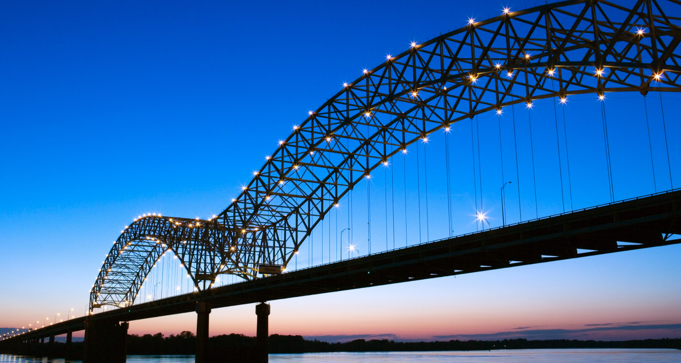 Wide shot of a downtown memphis bridge