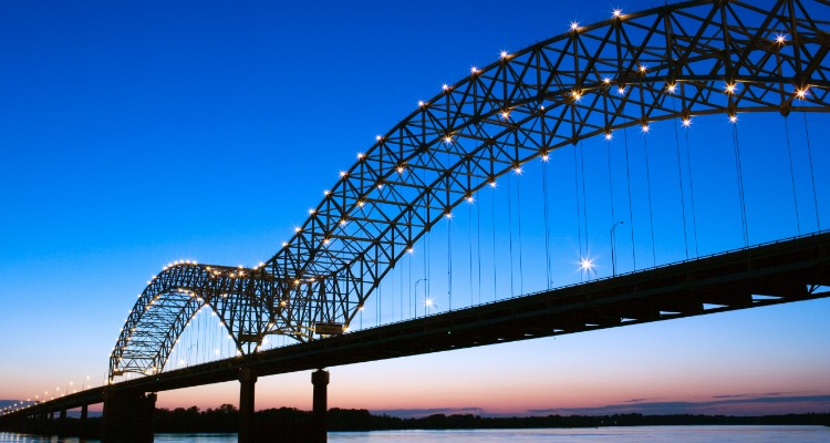 Wide shot of a downtown memphis bridge