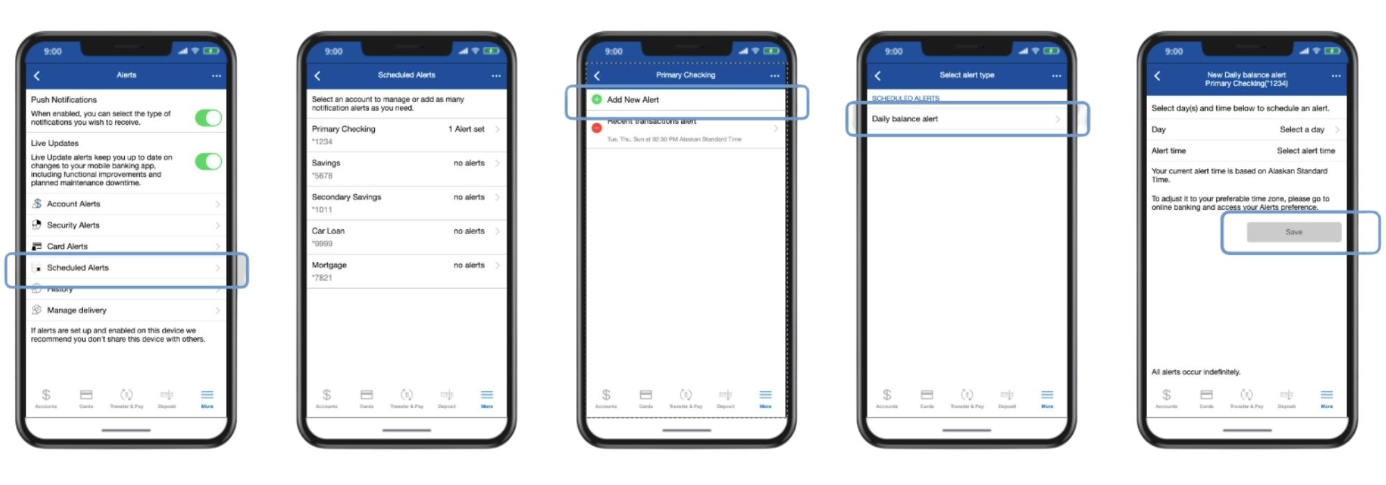 An image showing the steps to turning on alerts and notifications in the bank of bartlett app.