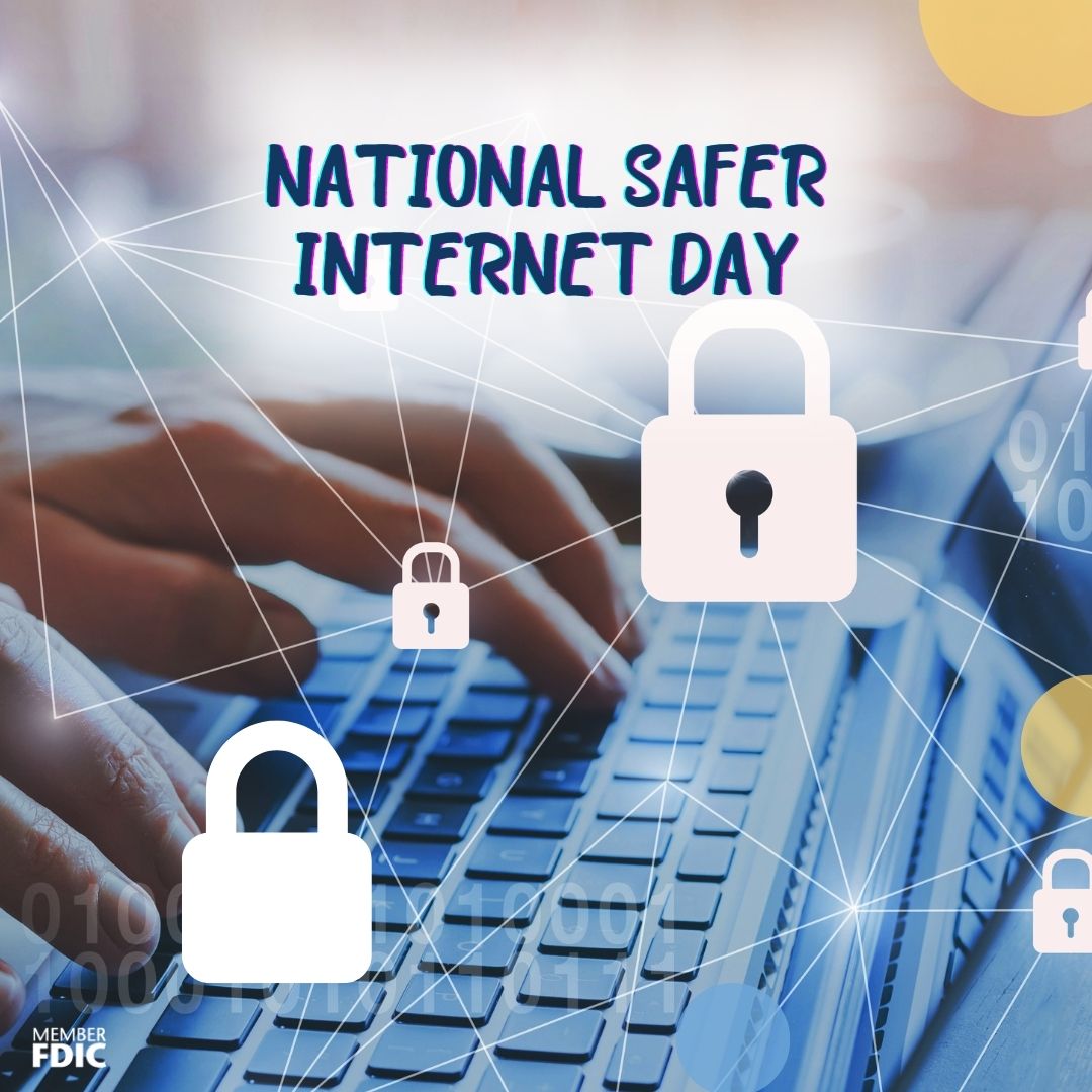 A picture of a person typing on their computer. Only the hands and laptop are visible. A caption at the top says National Safer Internet Day.