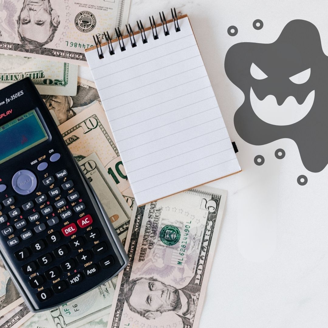 a table with money, a calculator, and a notepad, ready to budget. a ghost is on the side of the picture, haunting the budget.