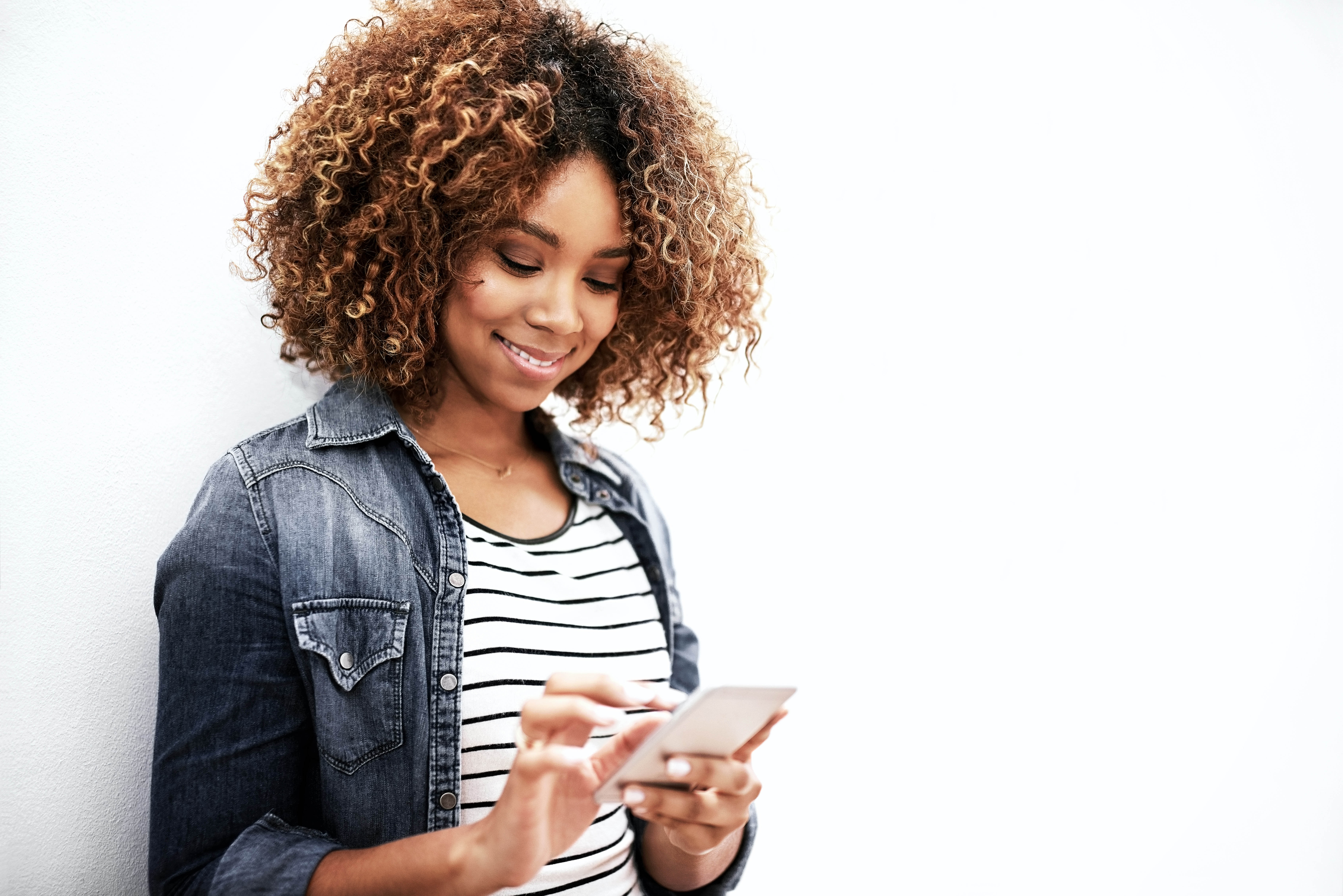 woman on phone on white background