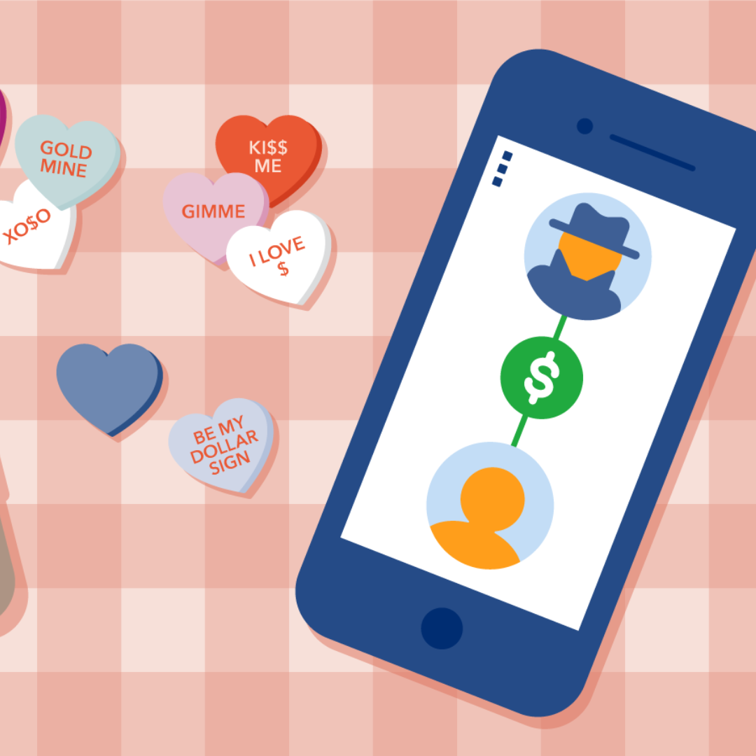 cell phone and conversation hearts to warn against romance scams