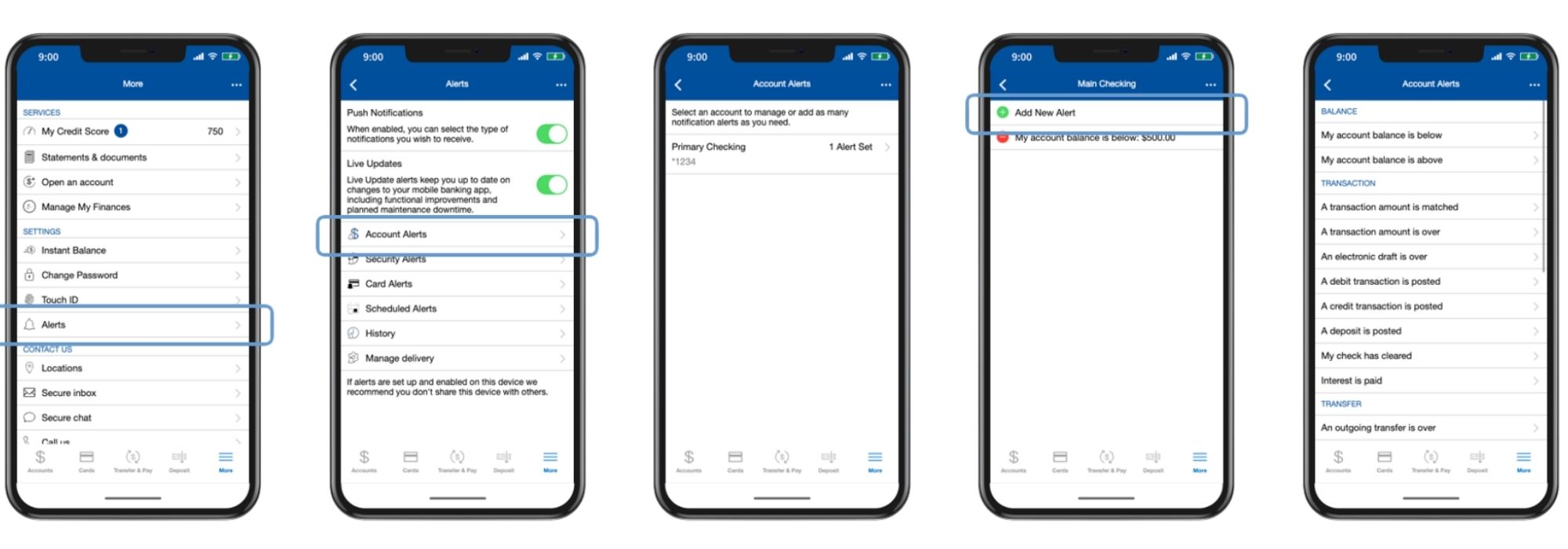 A picture showing the steps to turn on notifications in the bank of bartlett app.
