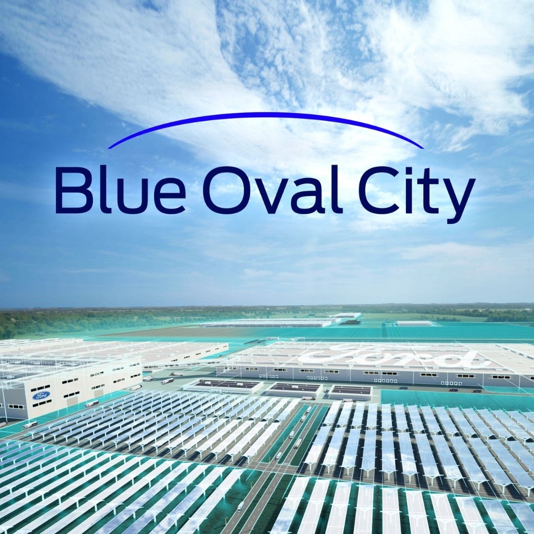A picture of Blue Oval City with the Blue Oval City logo.