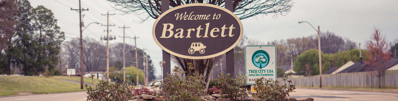 A sign over a tree, the text says "Welcome to Bartlett"
